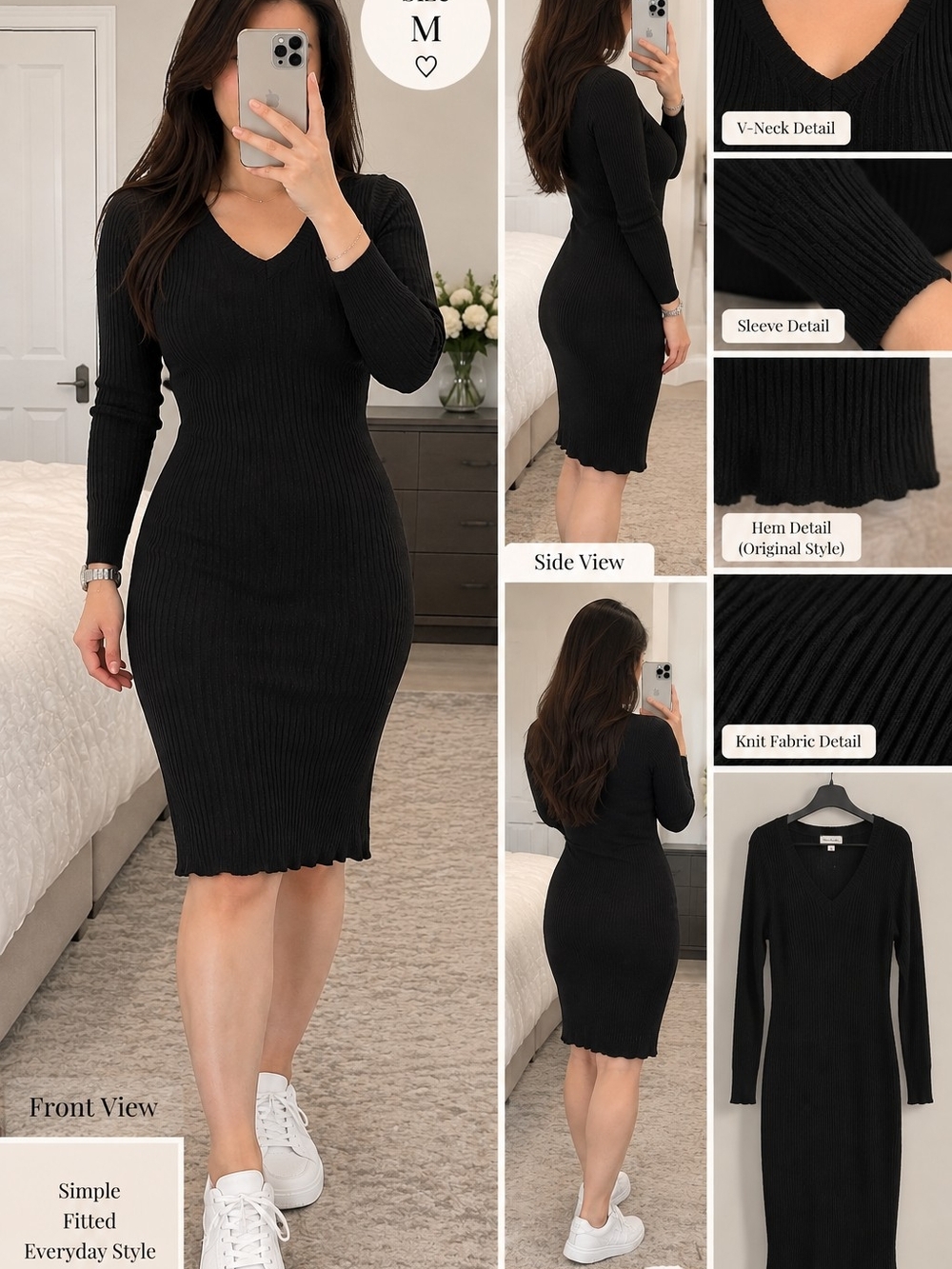 Long Sleeve Black Ribbed V-Neck Bodycon Mini Dress